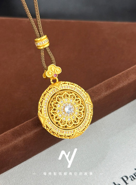 新中式古法沙金点钻窗花如意罗盘项链可转动圆牌挂坠复古送女友礼