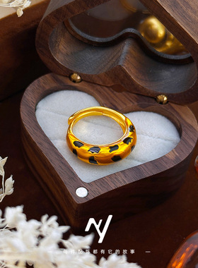 轻奢小众高级感美拉德豹纹海豚背活口沙金女戒指镀金指环新年送礼