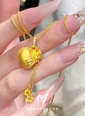 水贝同款新中式拉丝蝴蝶结福袋吊坠沙金实心镶钻小钱袋子流苏项链