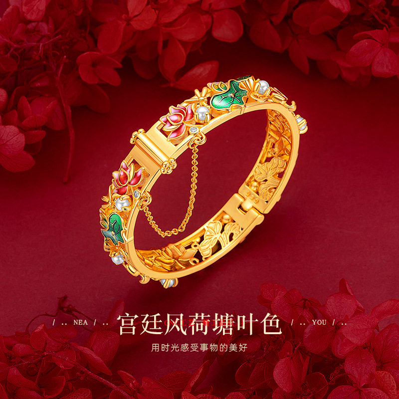 民族风珐琅荷花手镯 越南沙金宫廷风烧蓝珍珠莲花卡扣大手镯