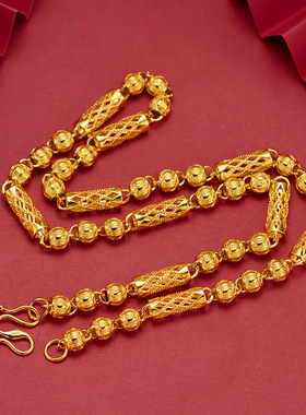 男款 仿金沙金男士镂空雕花网格圆柱配磨砂圆珠项链时尚 货源批发