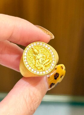 沙金古法金黄财神镀金戒指 点钻活口指环财神戒子生日礼物送女友