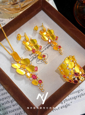 跨境时尚夸张红宝石不规则三件套项链 新娘套装项链戒指耳钉批发