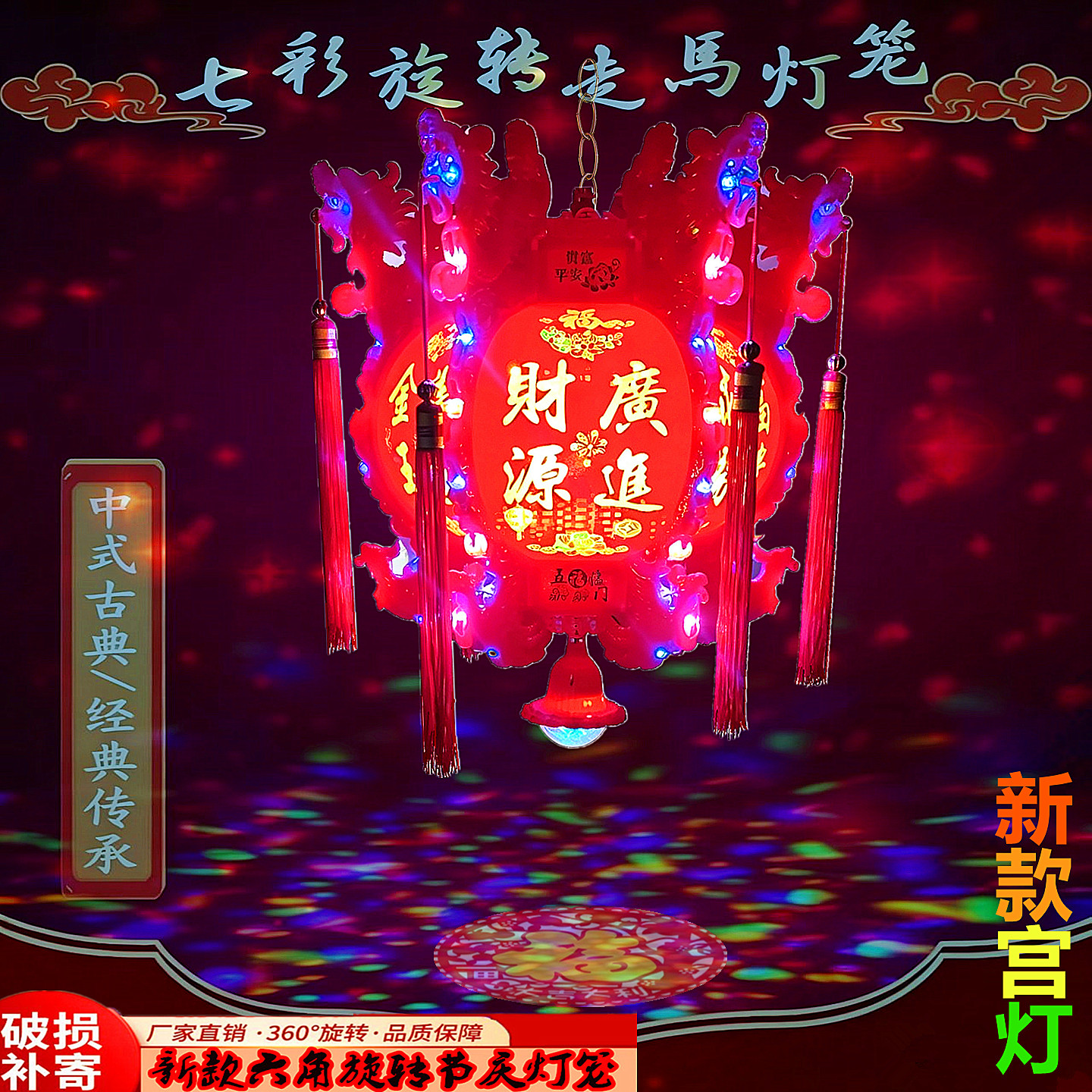 七彩旋转走马灯新年春节日乔迁大门中式仿古宫灯六角龙灯阳台灯笼