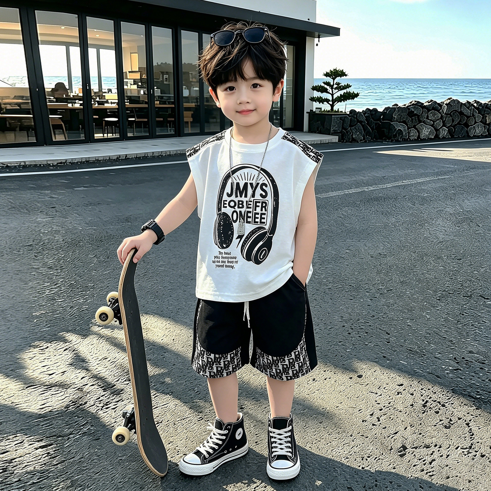 酷帅男童夏季运动无袖套装2026新款洋气儿童韩版夏天薄款时髦衣服