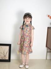 蓝绿色显白杂花 女童夏季改良款旗袍 儿童复古连衣裙中式国风旗袍