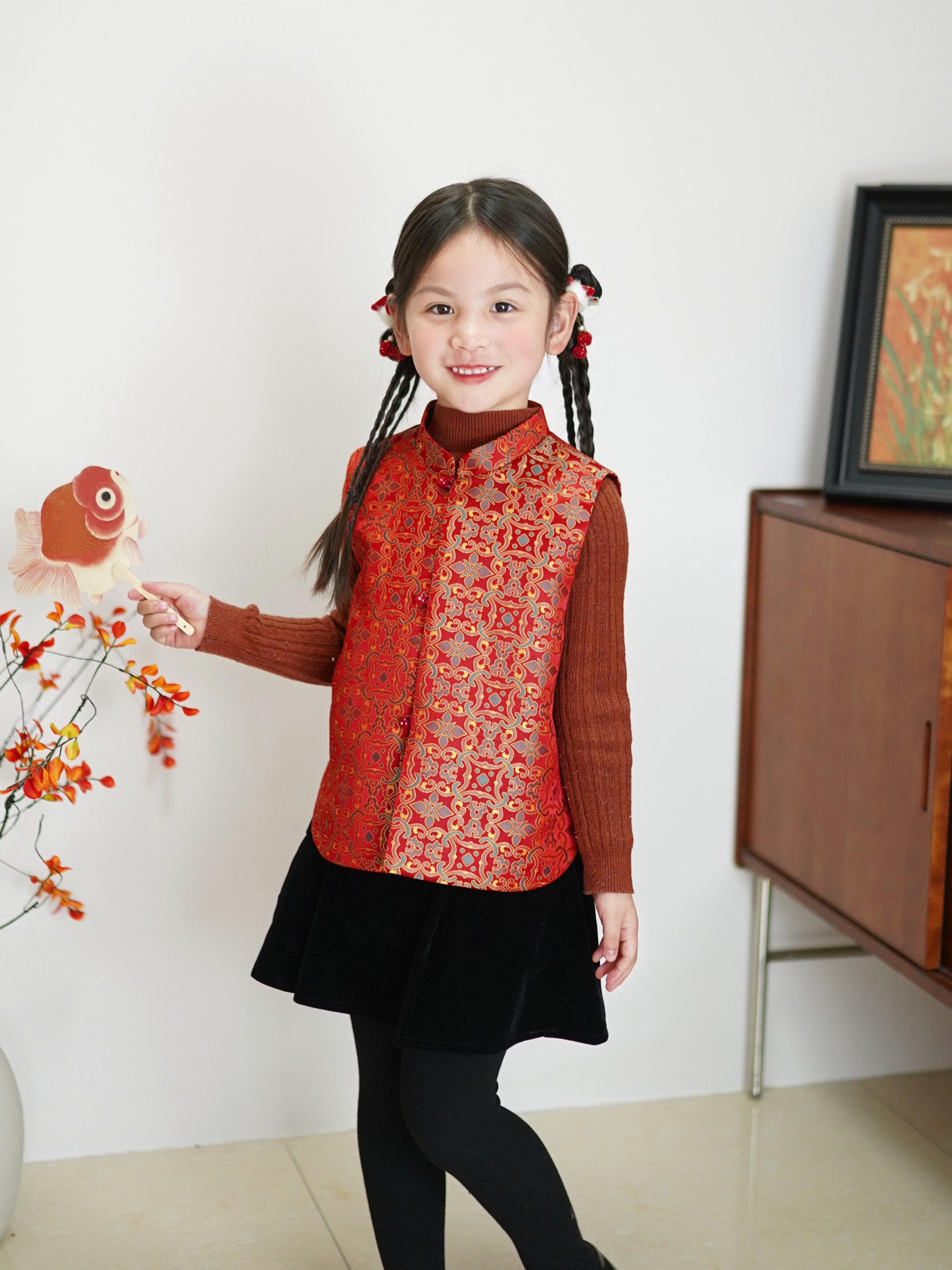 红色新中式上衣马甲 男女童新年年服 坎肩 四季可穿 织锦缎面马甲