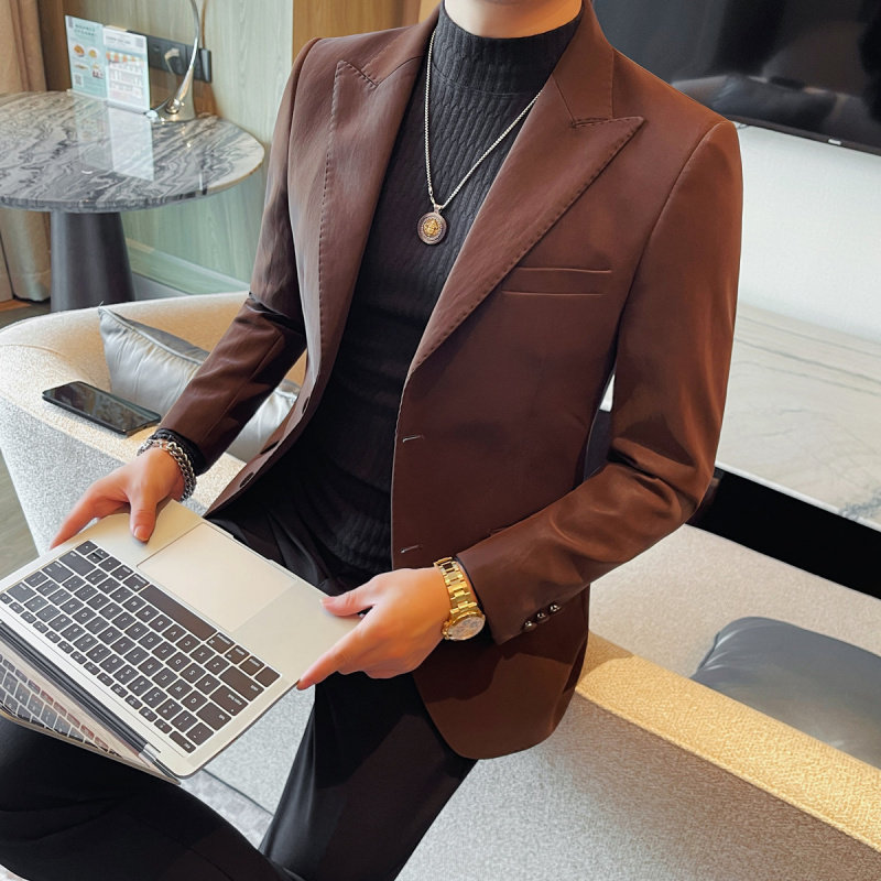 秋季男士磨砂皮西装商务休闲时尚PU皮西服外套轻奢痞帅单西便服潮