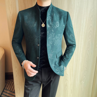 中式风男士压花西装外套春季痞帅时尚条纹西服韩版修身立领单西潮
