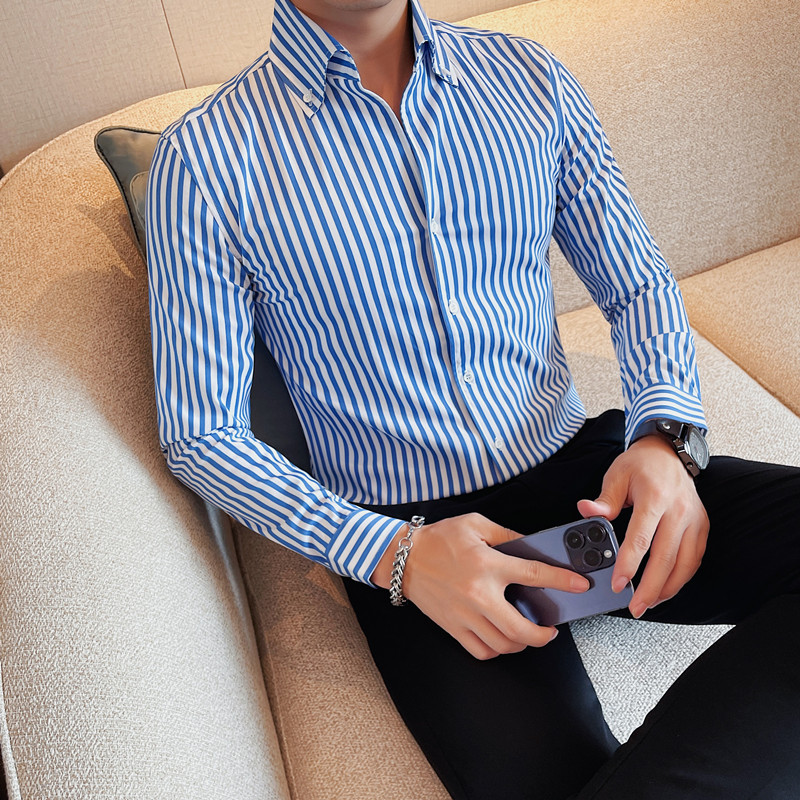 秋装型男休闲条纹衬衫男士修身V领长袖衬衣商务时尚大领子上衣潮