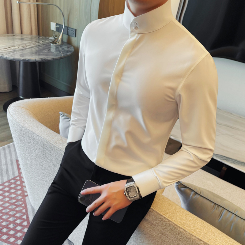 新中式立领长袖衬衫商务休闲男士纯色衬衣春秋高级感百搭修身上衣