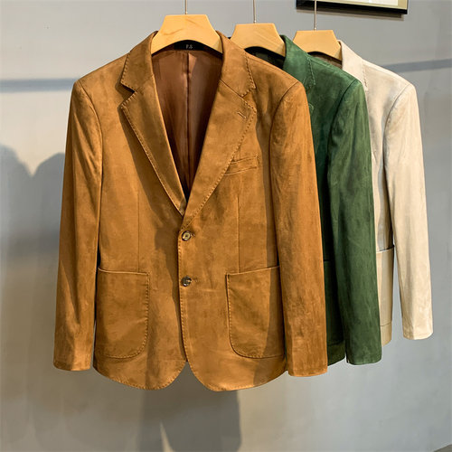 休闲修身单排扣麂皮绒西服