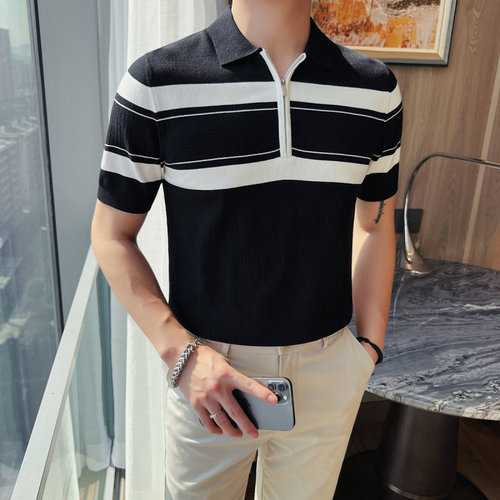 夏季半拉链撞色条纹冰丝POLO衫商务休闲男士修身百搭翻领短袖T恤