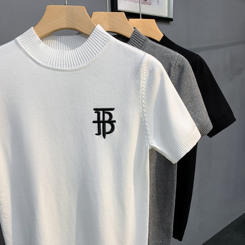 修身半高领刺绣针织短袖打底衫