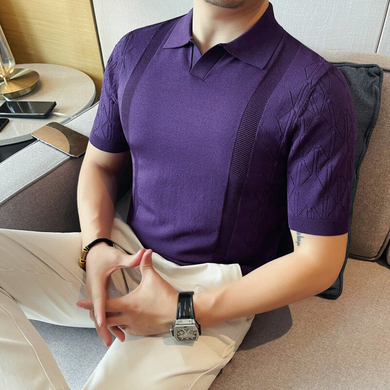 夏季轻奢时尚男士短袖冰丝针织POLO英伦休闲百搭纯色翻领T恤半袖