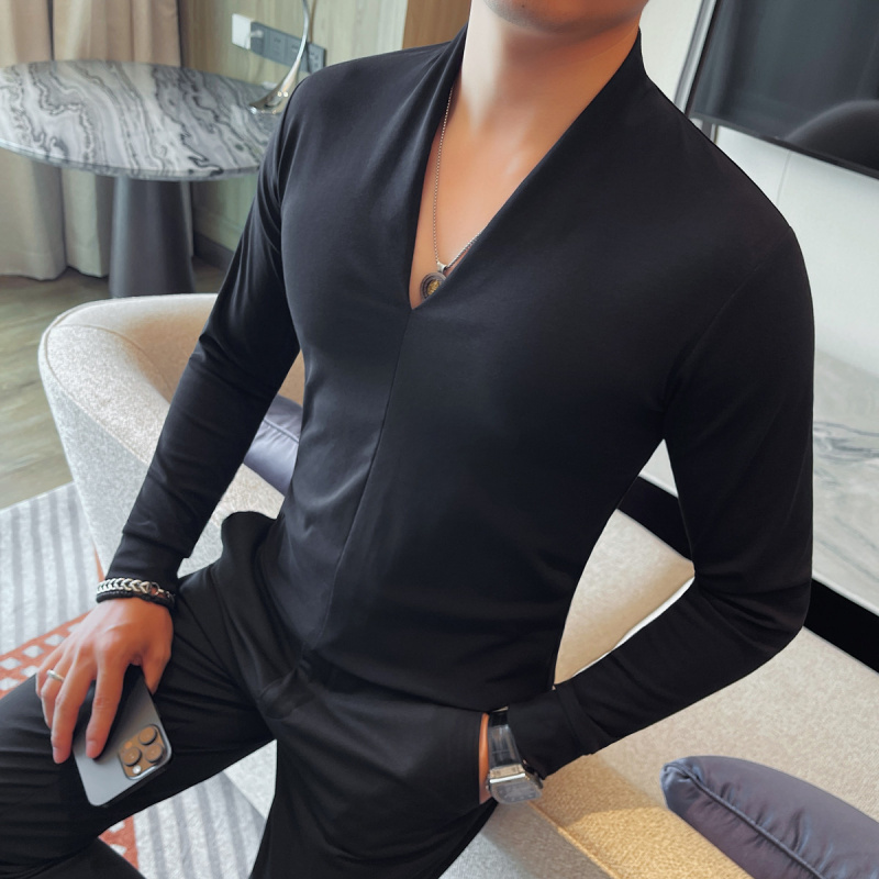时尚潮流深V领长袖T恤男士秋装新款气质百搭休闲打底衫高级感内搭