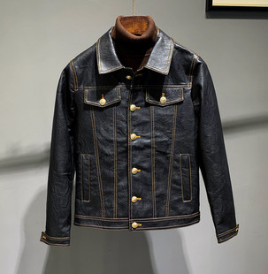 翻领皮衣青年时尚 男士 明线撞色PU皮夹克潮流型男机车外套 修身 韩版