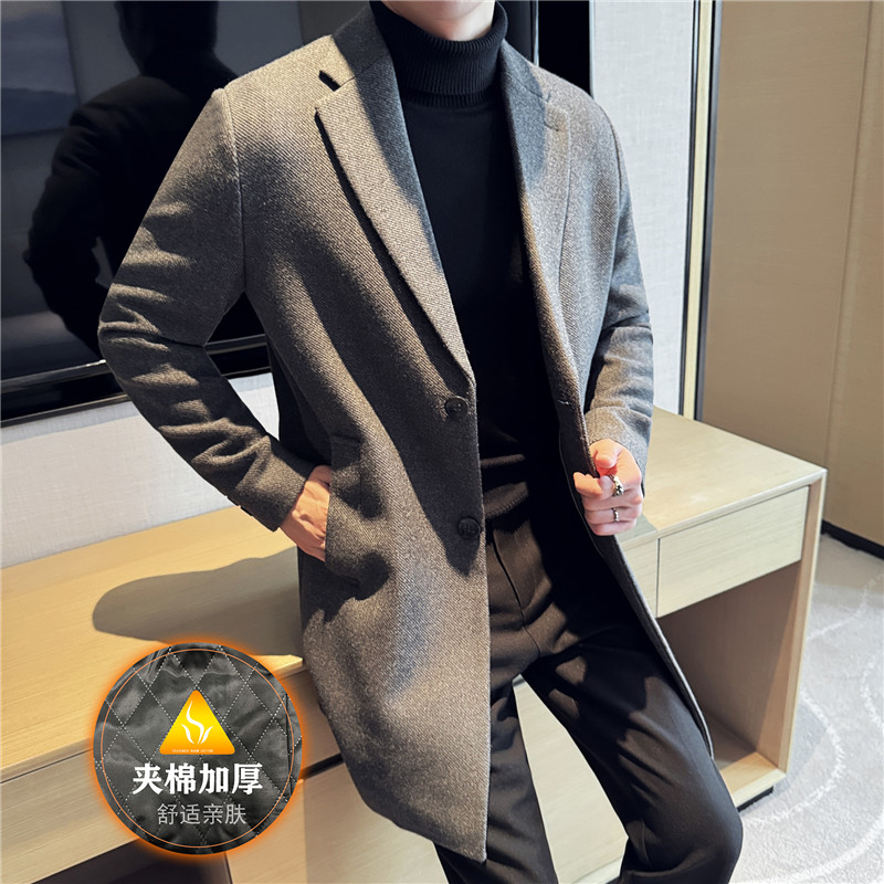 冬季高级感加厚夹棉西装领呢子大衣商务男士中长款保暖外套风衣潮