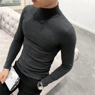 半高领男士 时尚 长袖 小衫 抓薄绒上衣潮 T恤修身 秋冬纯色中领打底衫