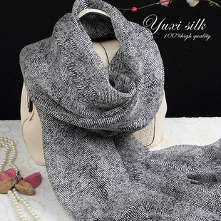 黑白人字呢100%桑蚕丝长款真丝丝巾披肩女纱巾春秋冬夏季丝绸围巾