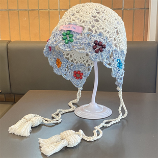 波西米亚风彩珠花朵镂空针织包头帽女复古民族风流苏套头帽冷帽子