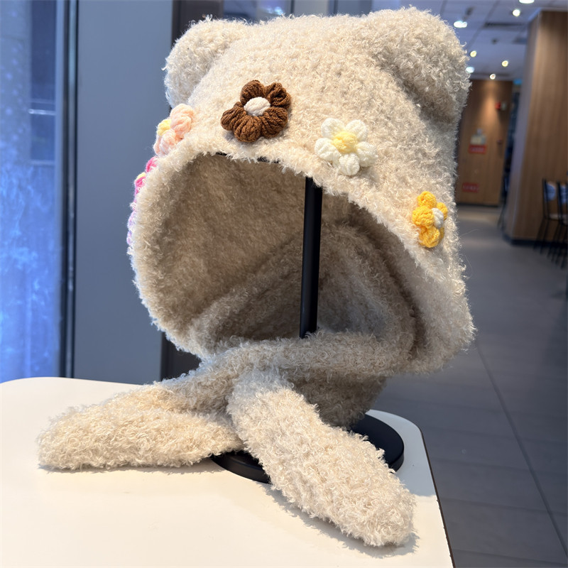 甜美可爱小熊耳朵毛线帽女秋冬季保暖防寒围巾一体护耳帽子显脸小