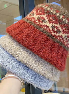 民族风费尔岛风提花针织帽女秋冬季新款保暖护耳百搭显脸小毛线帽