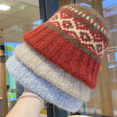 民族风费尔岛风提花针织帽女秋冬