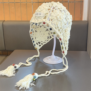 手工编织花朵镂空包头帽女波西米亚流苏套头帽薄款 民族风钩花帽子