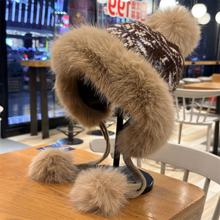 费尔岛风毛球针织毛线帽女冬季加绒保暖雷锋帽户外防寒百搭护耳帽