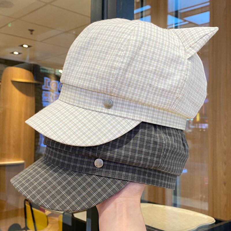 甜美猫耳朵格纹八角帽子新款女春秋季显脸小画家帽休闲百搭报童帽