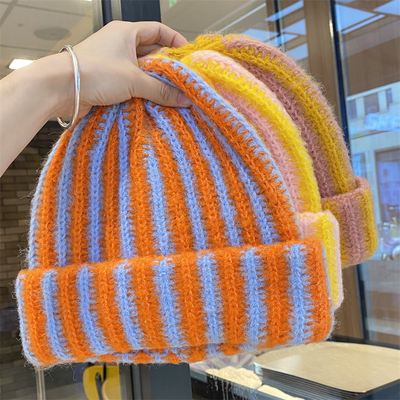 条纹拼色加厚针织帽子女冬季百搭