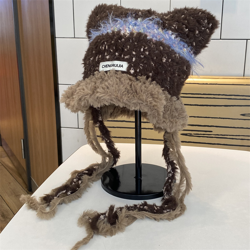 甜美可爱小熊耳朵毛绒针织帽女冬