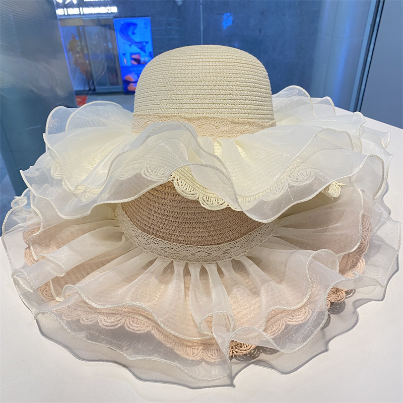 新款女夏季甜美可爱网纱大檐圆顶防晒帽出游遮阳帽沙滩海边太阳帽