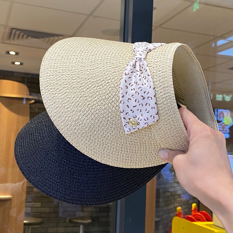 夏季豹纹蝴蝶结空顶草帽女户外