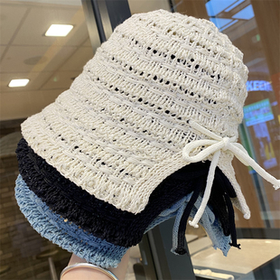 春夏季 后开叉蝴蝶结渔夫帽子女显脸小百搭盆帽甜美镂空针织水桶帽