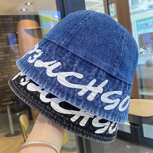韩版 简约休闲显脸小盆帽遮阳防晒水桶帽子 字母牛仔渔夫帽女春秋季