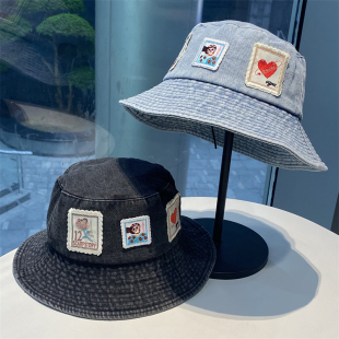 新款 女素颜显脸小遮阳帽日系春夏百搭盆帽贴布牛仔复古防晒帽 韩版