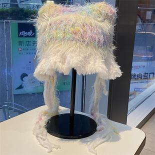 可爱猫耳朵毛绒帽子女冬季 甜美百搭拼色针织帽加厚保暖护耳帽 新款