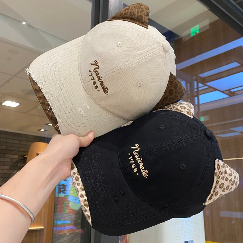 复古辣妹猫耳豹纹鸭舌帽女春夏出游宽檐遮阳帽个性潮流破洞棒球帽