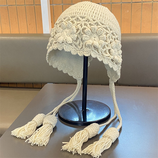 波西米亚复古手工钩花针织包头帽女秋冬季 川西旅游保暖套头毛线帽