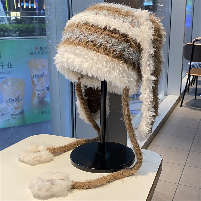 可爱兔耳朵毛绒帽女冬季加厚保暖护耳雷锋帽甜美百搭显脸小针织帽