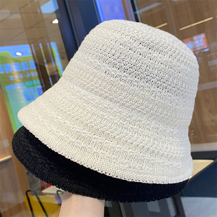 日系百搭编织镂空渔夫帽女夏季新款显脸小遮阳防晒帽大头围水桶帽