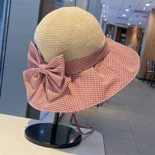 春夏季 格子蝴蝶结草帽大檐防晒遮阳帽子女户外休闲百搭太阳渔夫帽