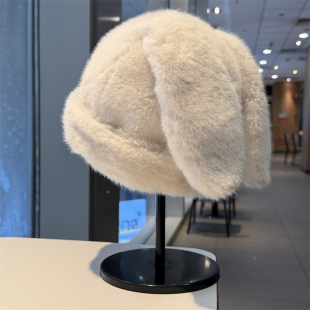 可爱兔耳朵毛绒套头帽女秋冬季 保暖显脸小包头帽冷帽学生百搭帽子