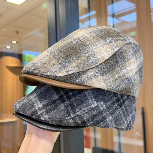 复古英伦格纹前进帽女秋冬文艺简约反戴贝雷帽男显脸小百搭八角帽