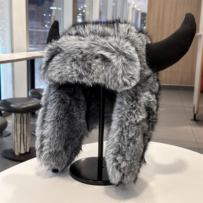 冬季毛绒雷锋帽子可爱牛角仿貂毛