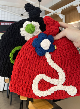 2024秋冬季新款花朵纯手工钩织毛线帽女甜美可爱保暖显脸小套头帽