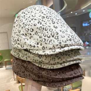 春秋新款 百搭贝雷鸭舌帽显脸小鸭嘴帽潮 复古豹纹前进帽女户外时尚