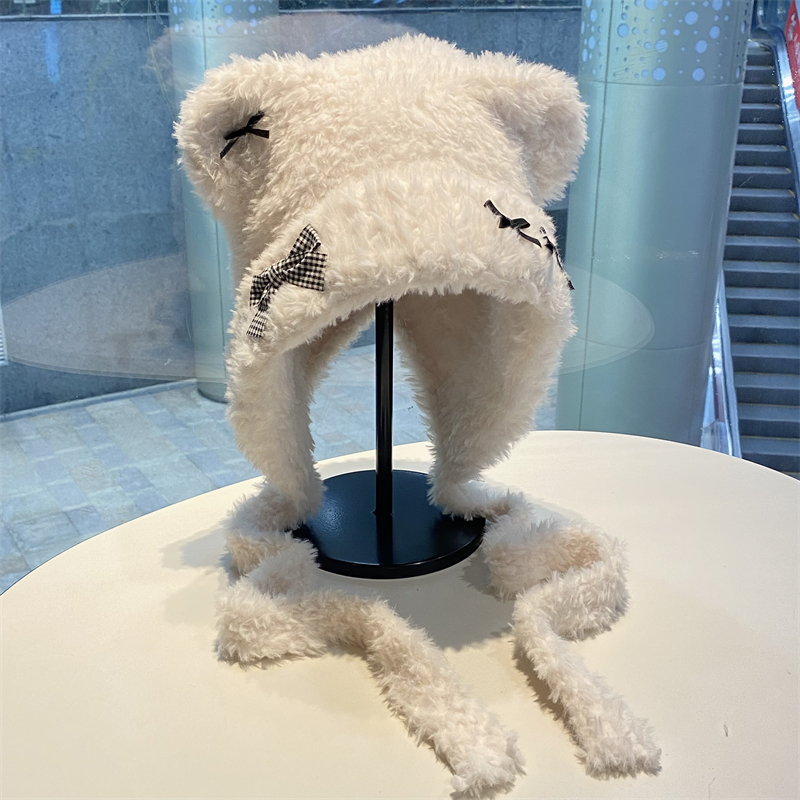 小熊毛线帽子女秋冬季加厚保暖毛绒护耳雷锋帽甜美可爱百搭套头帽